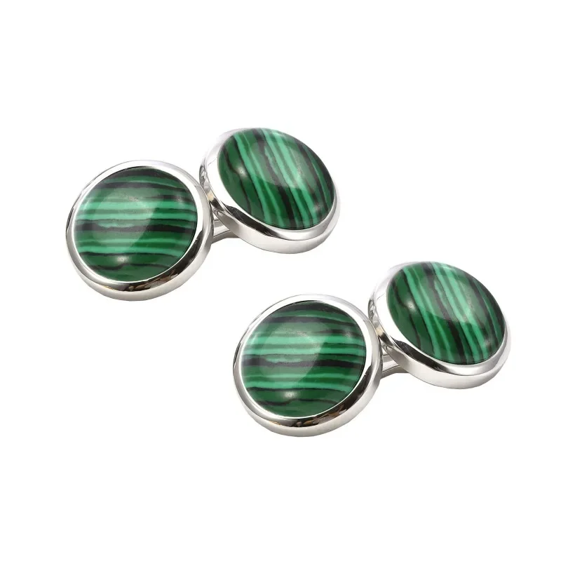 Luxury Round Natural Malachite Gem French Sleeve Chain Cufflink Double Sided Buckle Cuff Links for Mens Wholesale