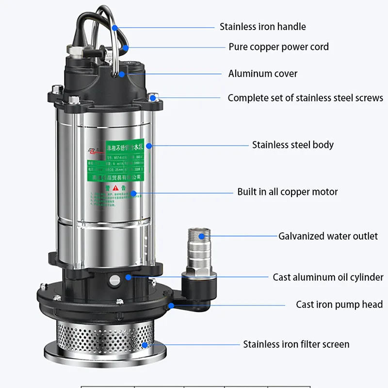 220V 스테인레스 스틸 수중 펌프 전기 배수 펌프 휴대용 물 펌프 휴대용 홍수 배수 펌프 헤비 듀티 하수 펌프