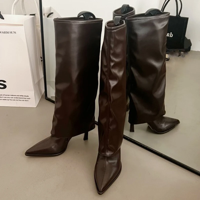 Party Modern Ladies Knee High Boots Pointed Toe Fashion Pleated Western Women Long Boots Shoes Female Pumps Heels Shoes