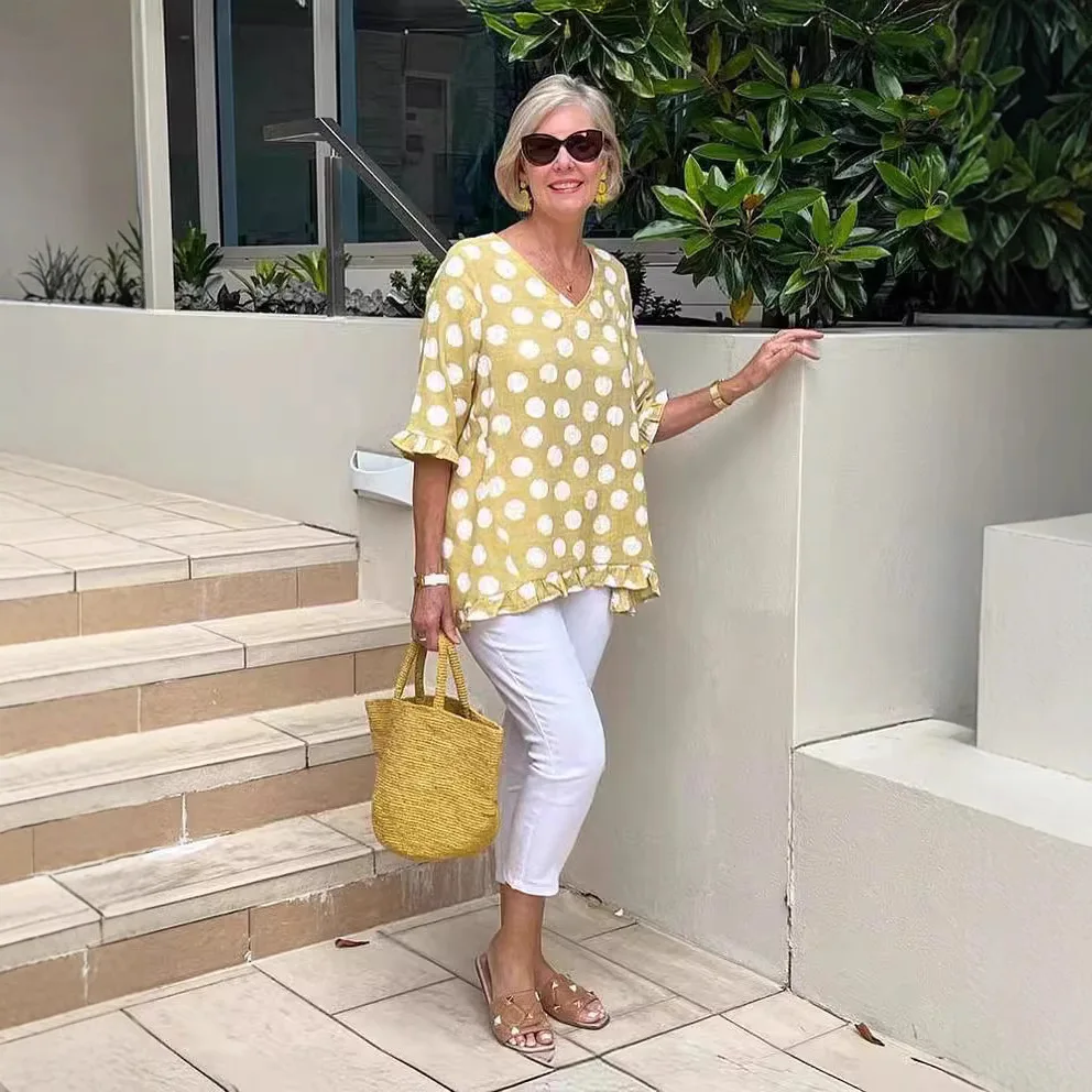 AliExpress, cross-border women's clothing summer new short-sleeved v-neck polka dot printed cotton and linen T cw26230