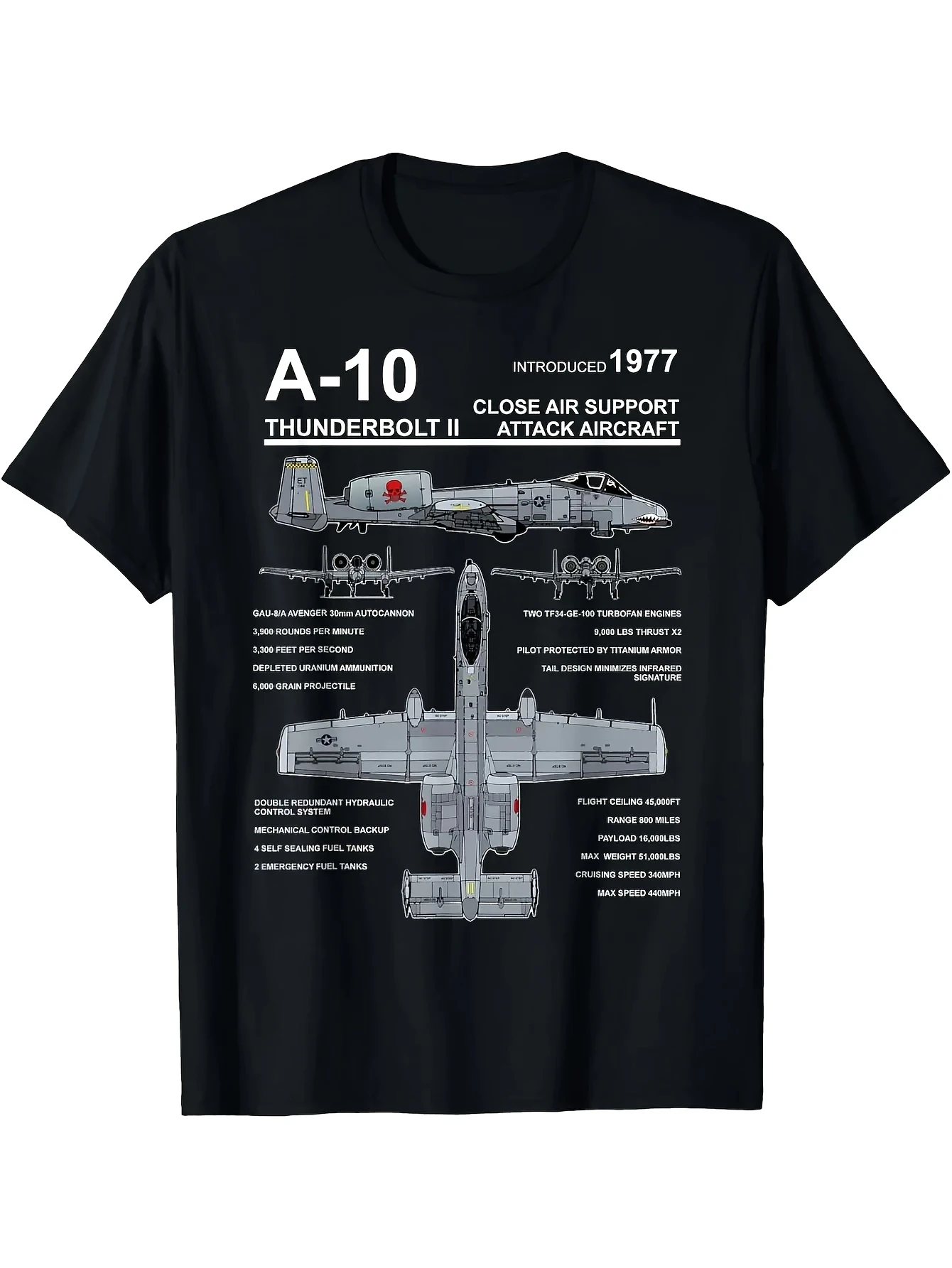 Men's Vintage A-10 Thunderbolt II Warthog Fighter Jet Design T-Shirt - Black Classic Graphic Tee with Technical Details