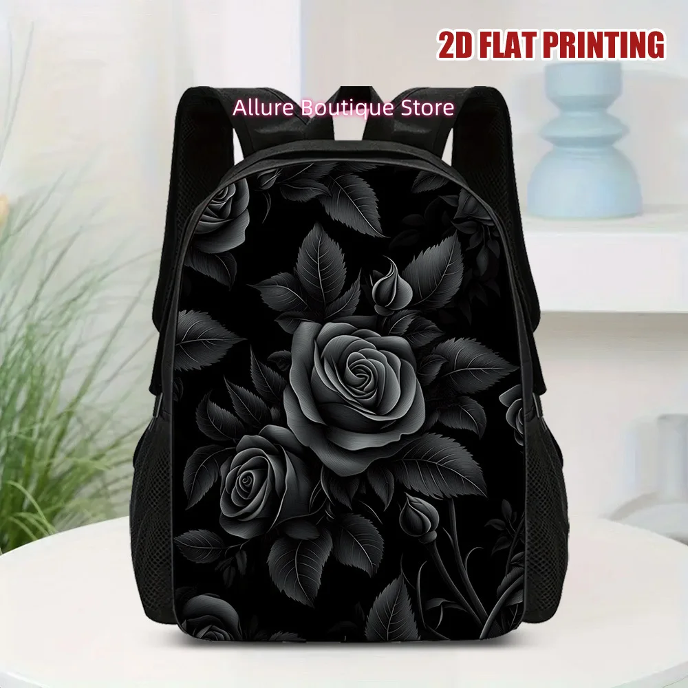 2D Flat Printing, 1pc Black Rose Illustration Backpack, Casual and Stylish, Perfect for Work, School, and Errands, 2D Flat, for