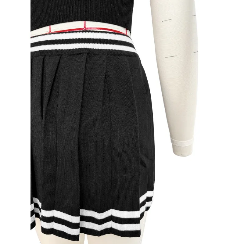 2024 Summer Knitted Patchwork Casual 2 Piece Set Women Turn Down Collar Sleeveless Single Breasted Crop Top Pleated Mini Skirt