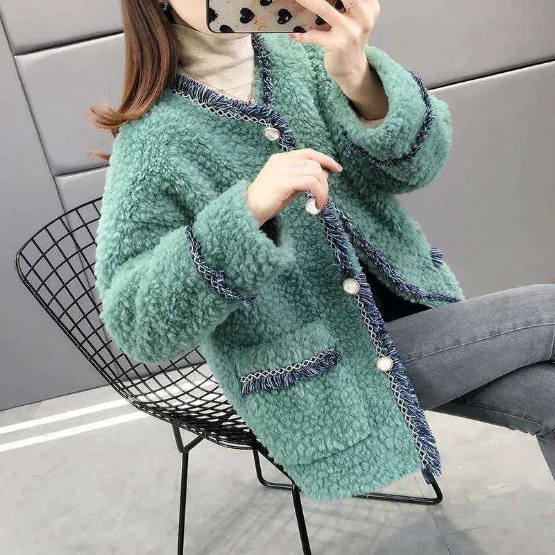 

2023 Autumn Winter New Women's Jacket Coat Round Neck Long Sleeved Tops Imitation Lamb Wool Coat Short Female Outerwear Clothes
