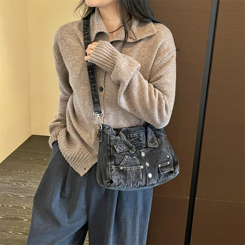 Denim Shoulder Bag Vintage Y2K Women Creative Jacket Design Jean Crossbody Bag Adjustable Strap Retro Chic Purse For Daily Use