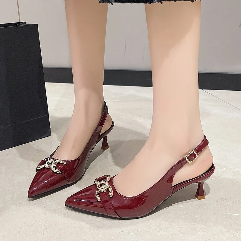 2025 Summer Women's High Heels Fashion Metal Chain Design Sexy Pointed Women's Wedding Party Comfortable Dress Stiletto Sandals