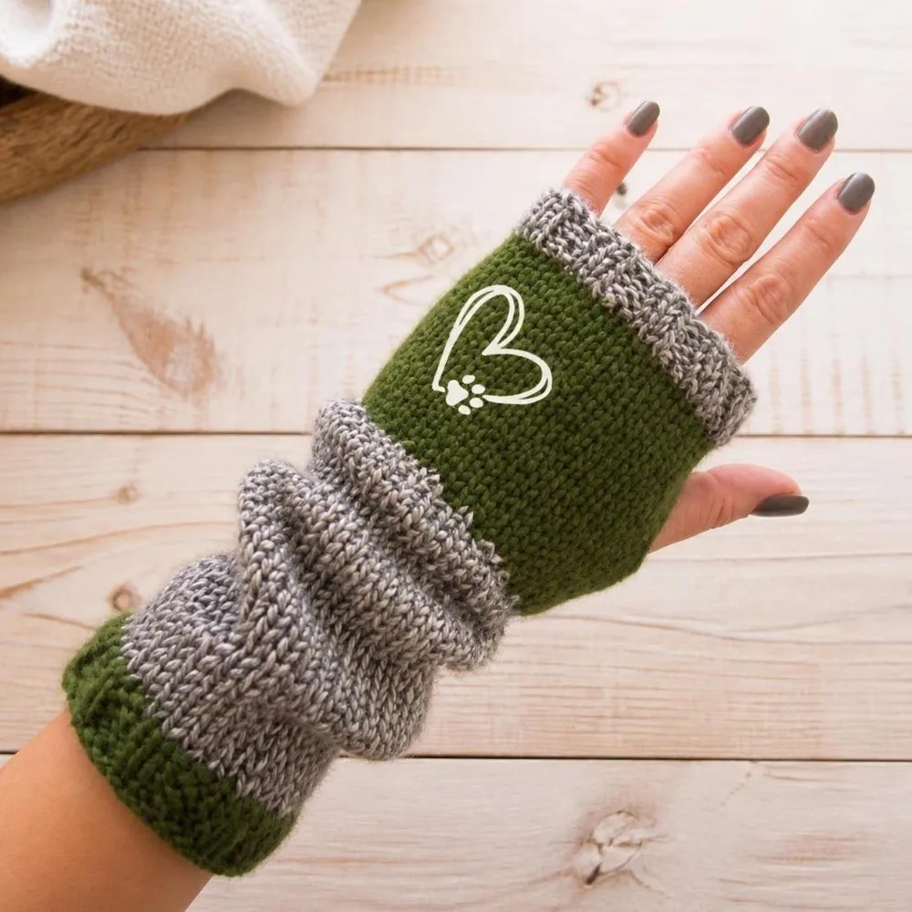 Elastic Cuffs Fingerless Gloves Trendy Paw Print Gloves Sleeve Covers Thickened Heart Printed Knitted Decorative Gloves