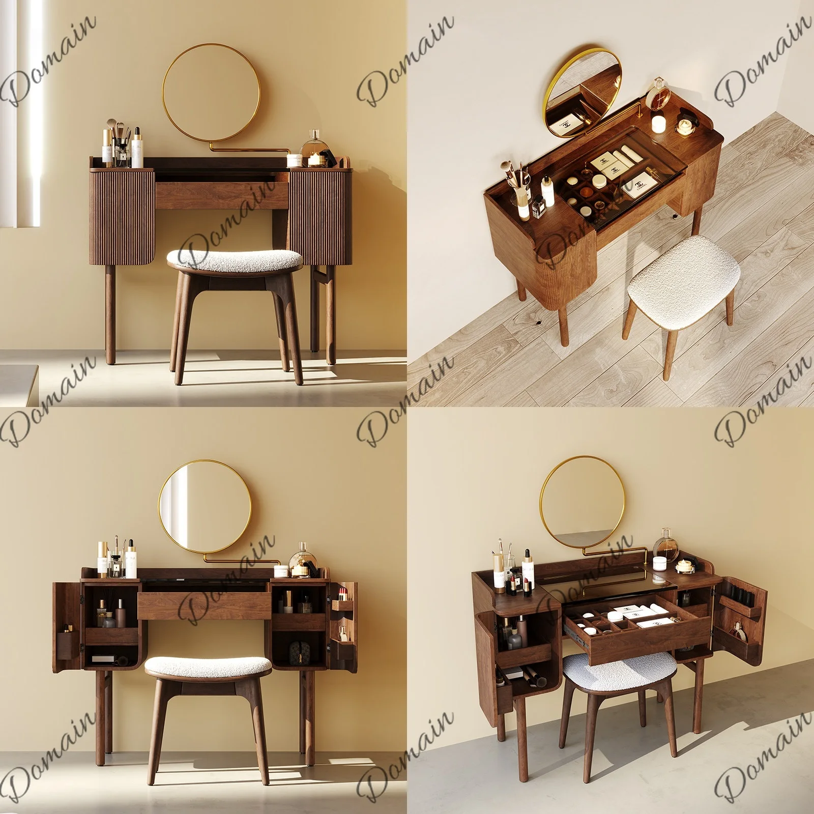 Elegant Solid Walnut Wood Makeup Table Modern Luxury Compact Dresser with Mirror for Small Bedroom Multi-functional Vanity Desk