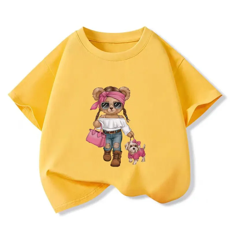 Kid Short Sleeve Tees Fashion Girl Bear Walking Small Dog Handbag Sunglasses Cartoon Print O-Neck Cute Graphic Girl Casual Top