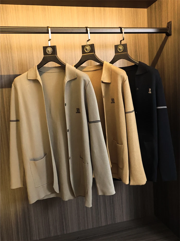 

Double-Sided Knitted Fi Sc Needle Flat Weave Long Sve Collared Open Cardigan Faionable Urban Sle for Men