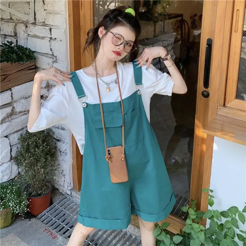 Set da donna stile coreano allentato semplice tuta dritta pagliaccetti estate manica corta a sbuffo top corto solido abiti a due pezzi alla moda