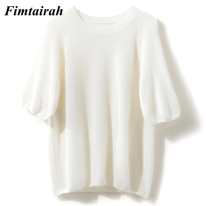 سترة نسائية من الكشمير ، بأكمام قصيرة ، تي شيرت فضفاض محبوك ، رقبة مستديرة ، بلوزة ، تي شيرت ، حرير التوت ، من Fimtairah