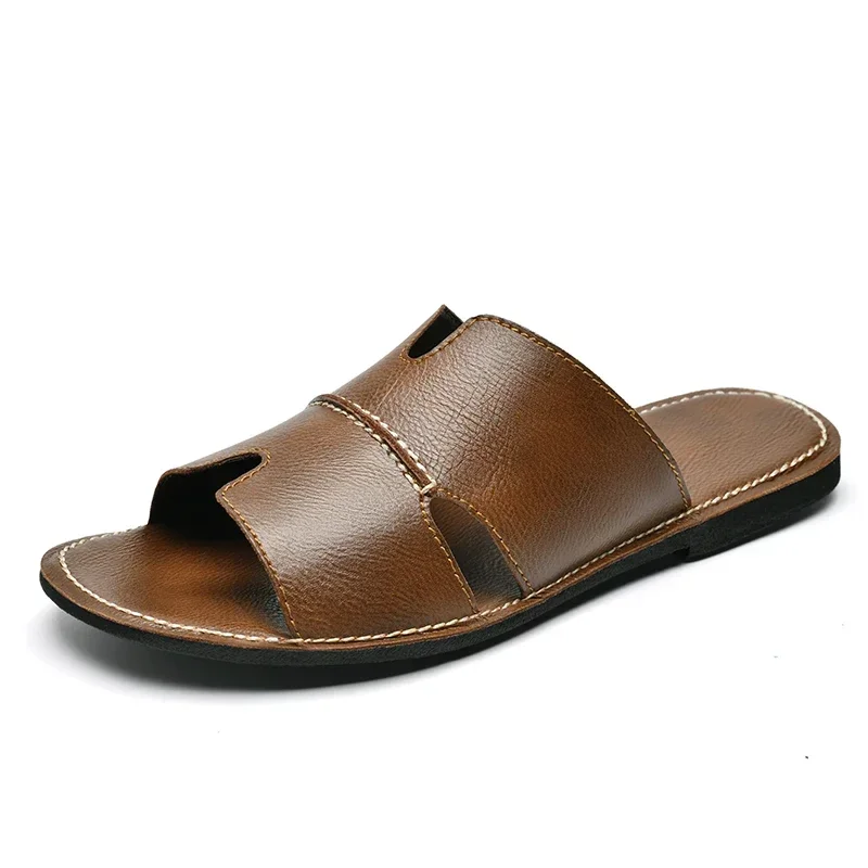 Fashion Leather Slippers for Men Luxury Leather Sandals Summer Casual Slip On Leather Shoes Man Ultra Soft Solid Cowhide Slides