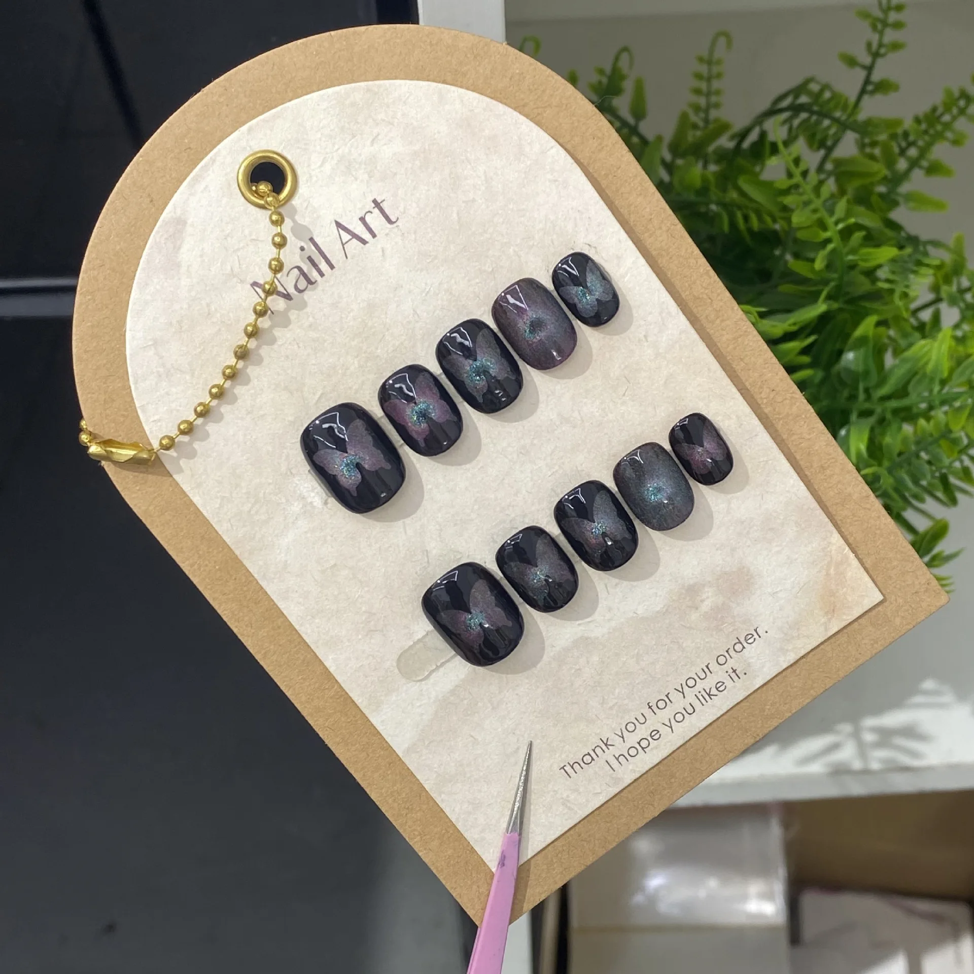 

10PCS Sweet Cool Black Cat Eye False Nail Handmade Butterfly Short Square Round Press on Nail Wearable Fake Nails for Spice Girl