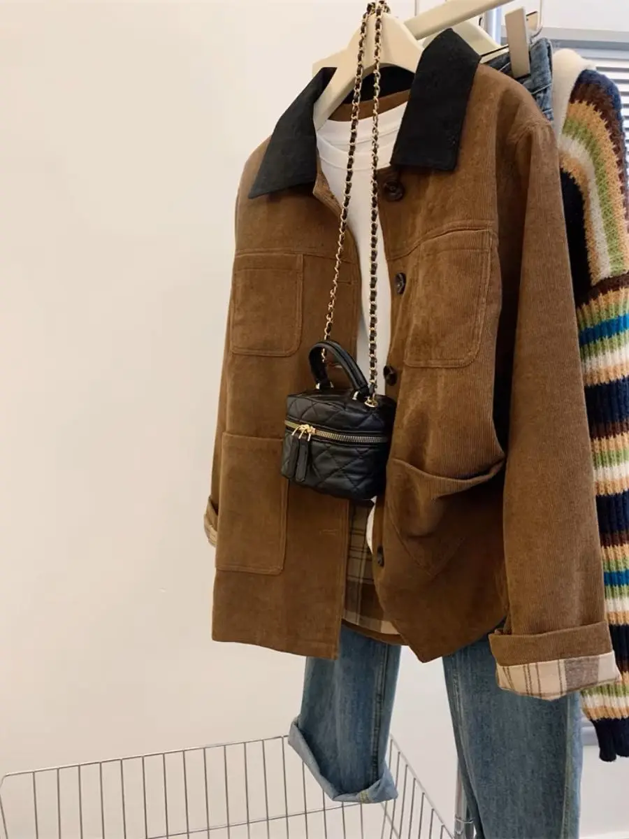 Barn Style Color Block Corduroy Stand Collar Short Jacket Women's Spring Autumn Elegant Mood Matching Checkered Jacket Coat