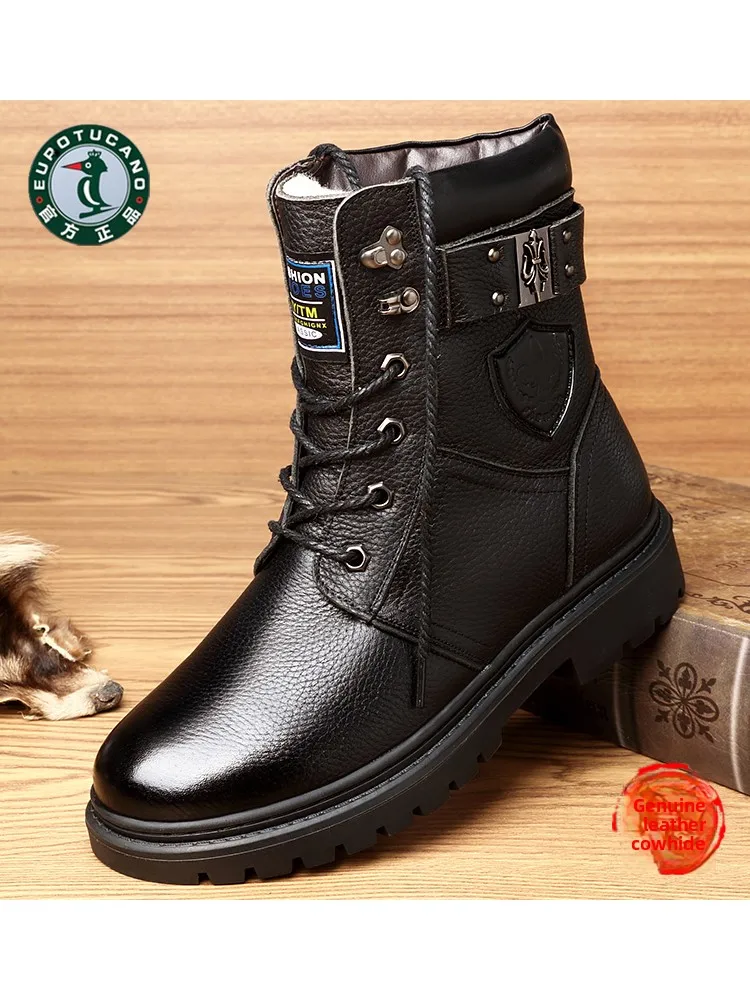 

EurTucano Men's High-Top Boots Genuine Leather Snow Boots Winter Warm Fce Anti-Slip Men's Booties round Toe Rubber ...