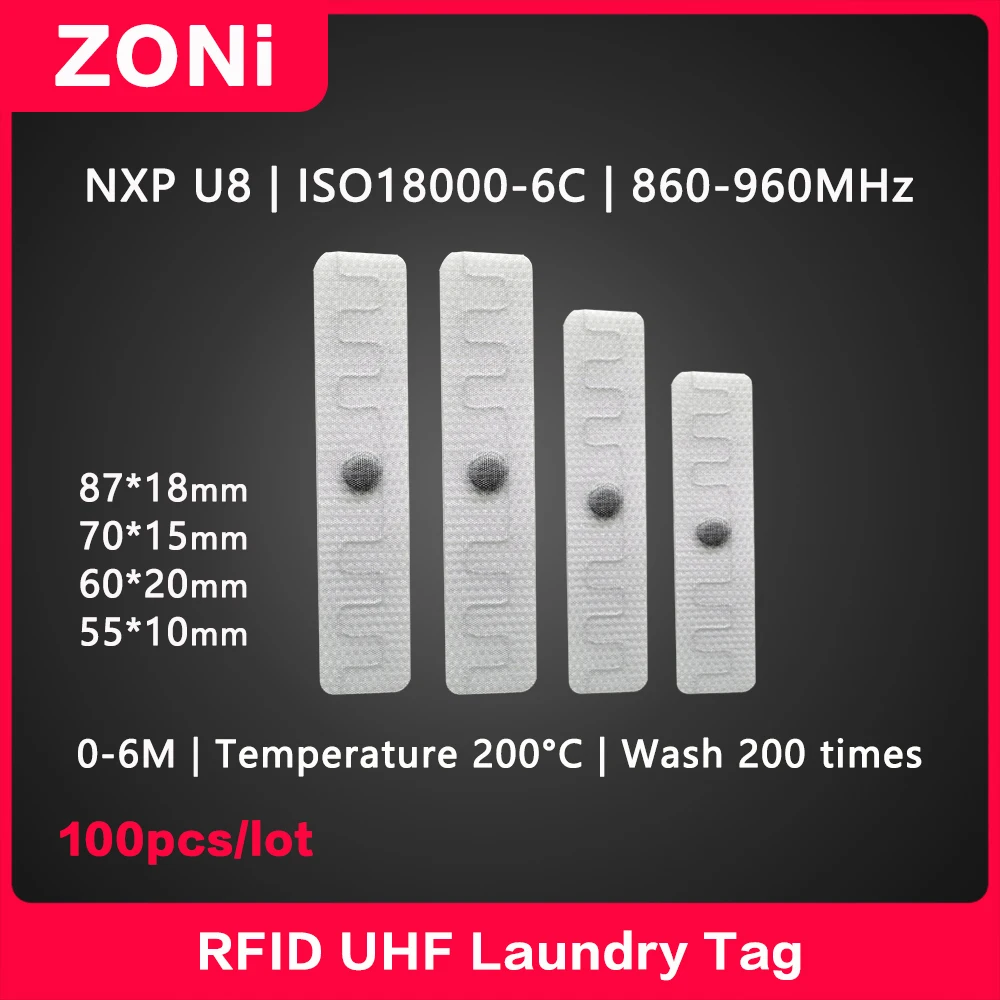 Tag RFID UHF do prania 860-960MHz, odporny na wysokie temperatury, inteligentne tagi RFID NXP U8, etykieta/karta ISO 18000-6C, wysoka jakość, 100 sztuk