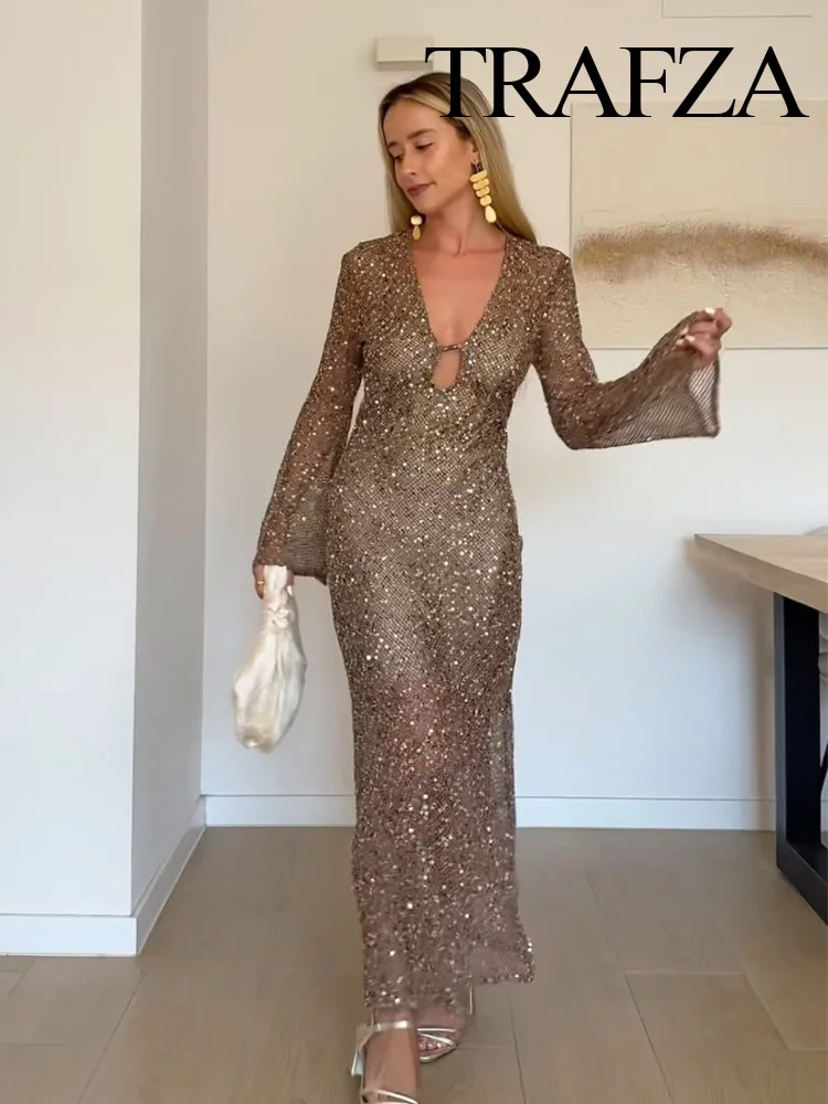 

TRAFZA Women Elegant Beach Style Long Sleeves Hollow Sequin Decoration Long Dress Female Summer Loose V-Neck Midi Dresses