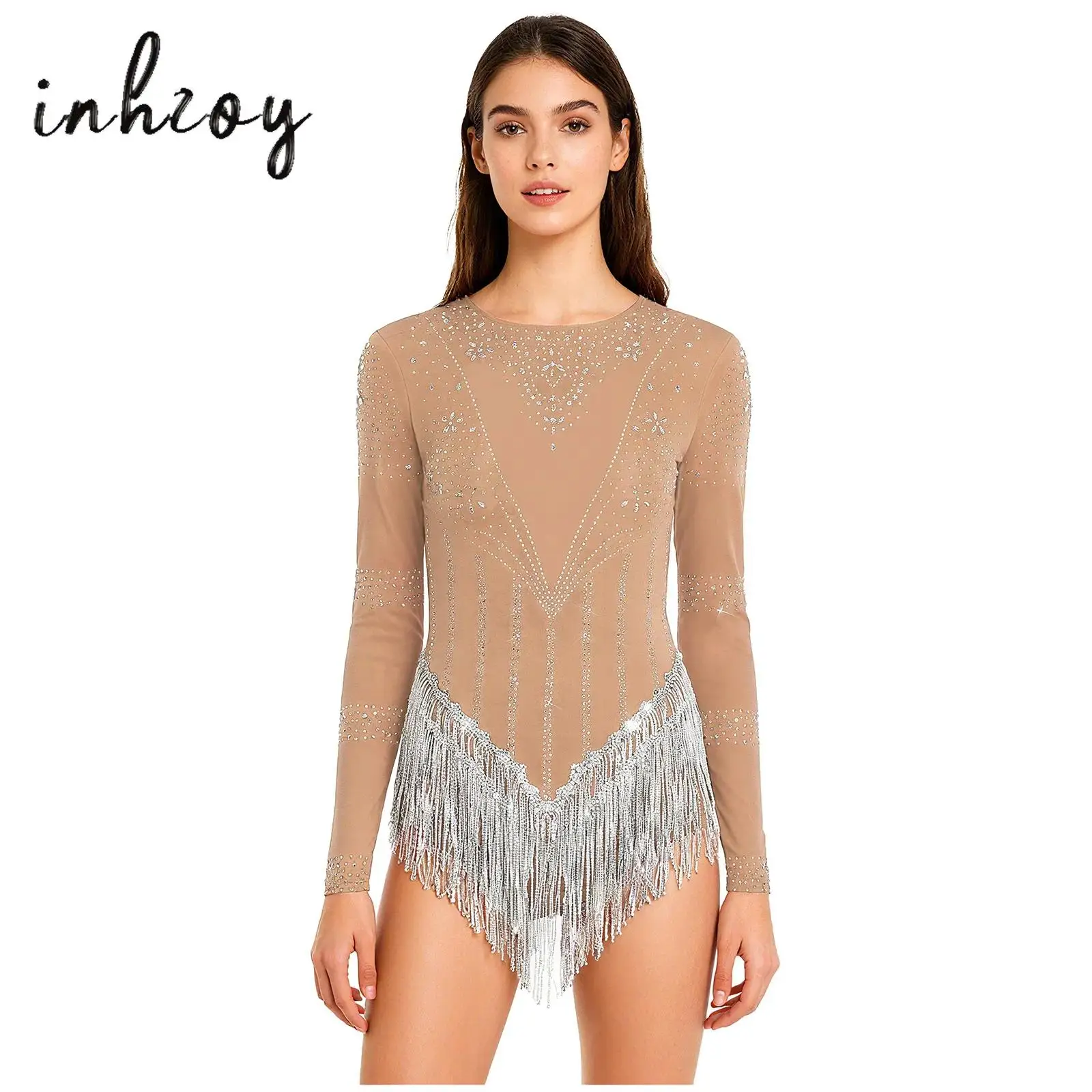 

Womens Latin Jazz Chacha Dance Costume Figure Skating Bodysuit Glittery Rhinestones Sequin Tassel Long Sleeve Leotard Jumpsuit