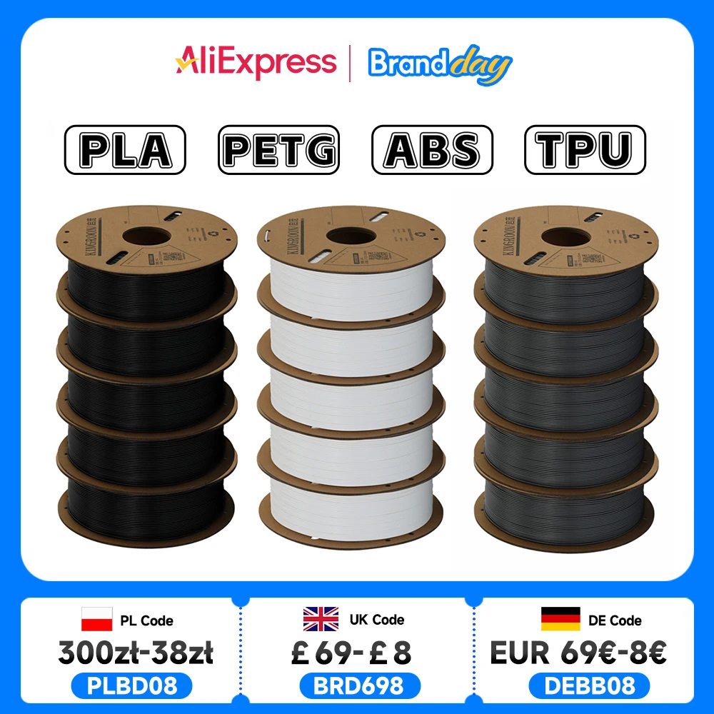 KINGROON 3D Printer Filament PLA PETG TPU ABS 5KG Bundle Black White Gray 1.75mm No bubbles Plastic 5 roll 1kg , Random Spool