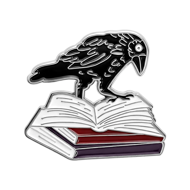 Crow and Book Hard Brooch Enamel Pins Punk Gothic Decoration Art Brooches Backpack Lapel Badge Fashion Jewelry Gifts for Reader