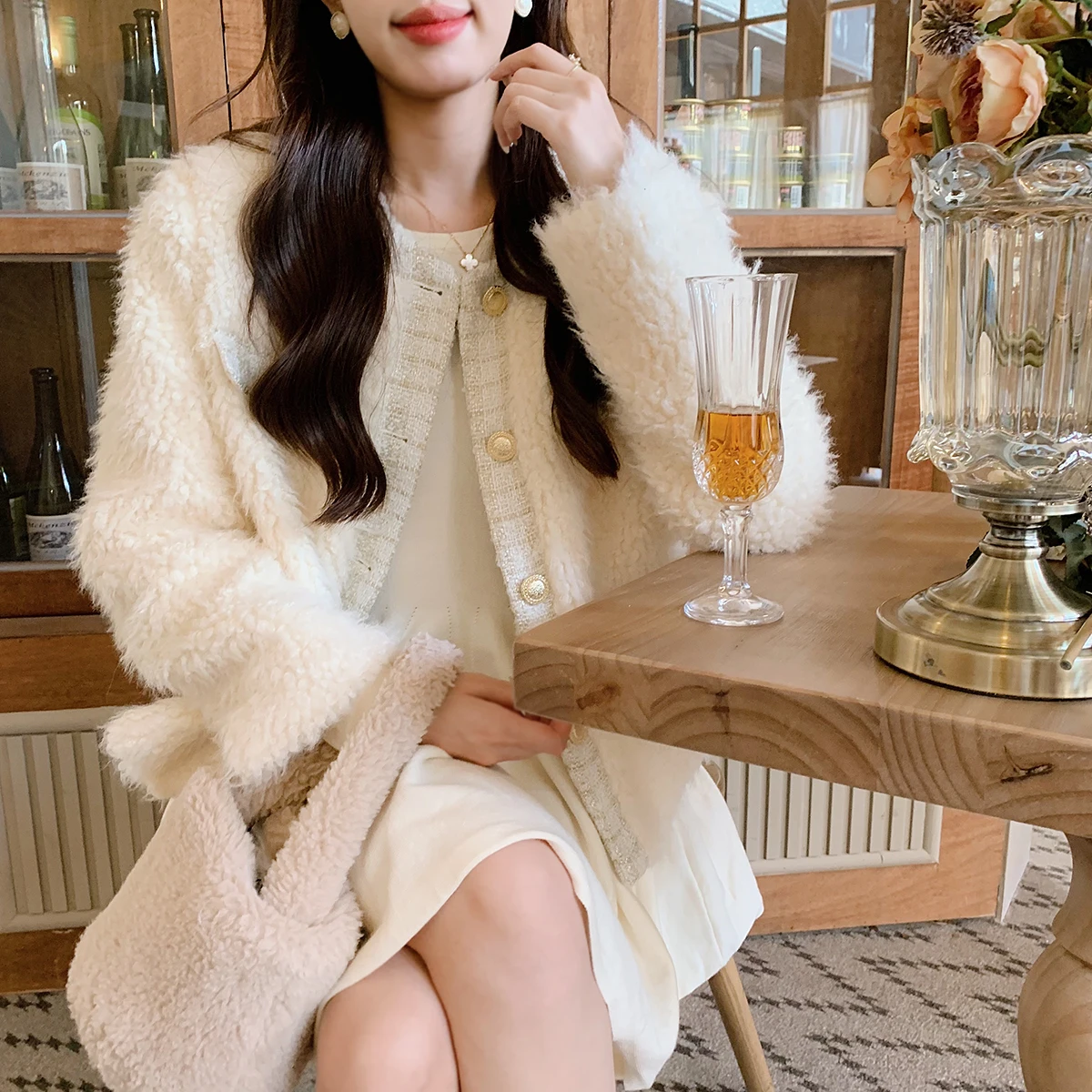 

Anli Ele Cry Plu Patchwork Jaet Winter Warm Sweet Girl's Top New 2025 Commute Sle Loose Fit Long Sve Button C...