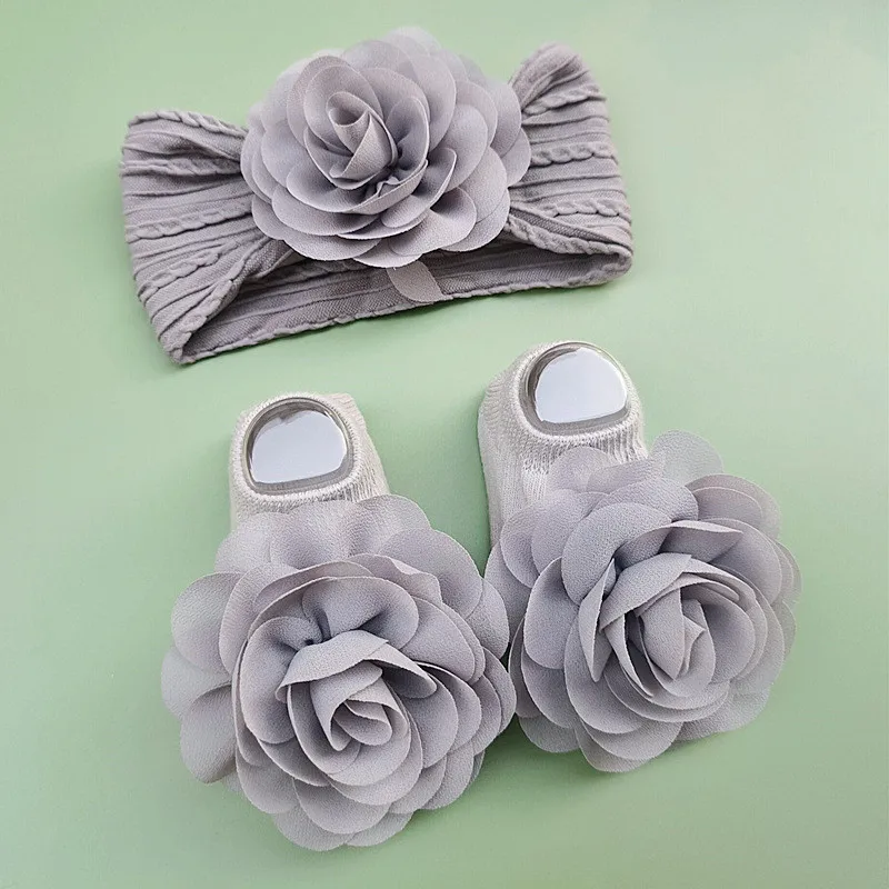 Ensemble de chaussettes de sauna pour bébé fille, 2 pièces, dentelle perlée, fleur, nouveau-né, joli nœud élastique, accessoires pour cheveux