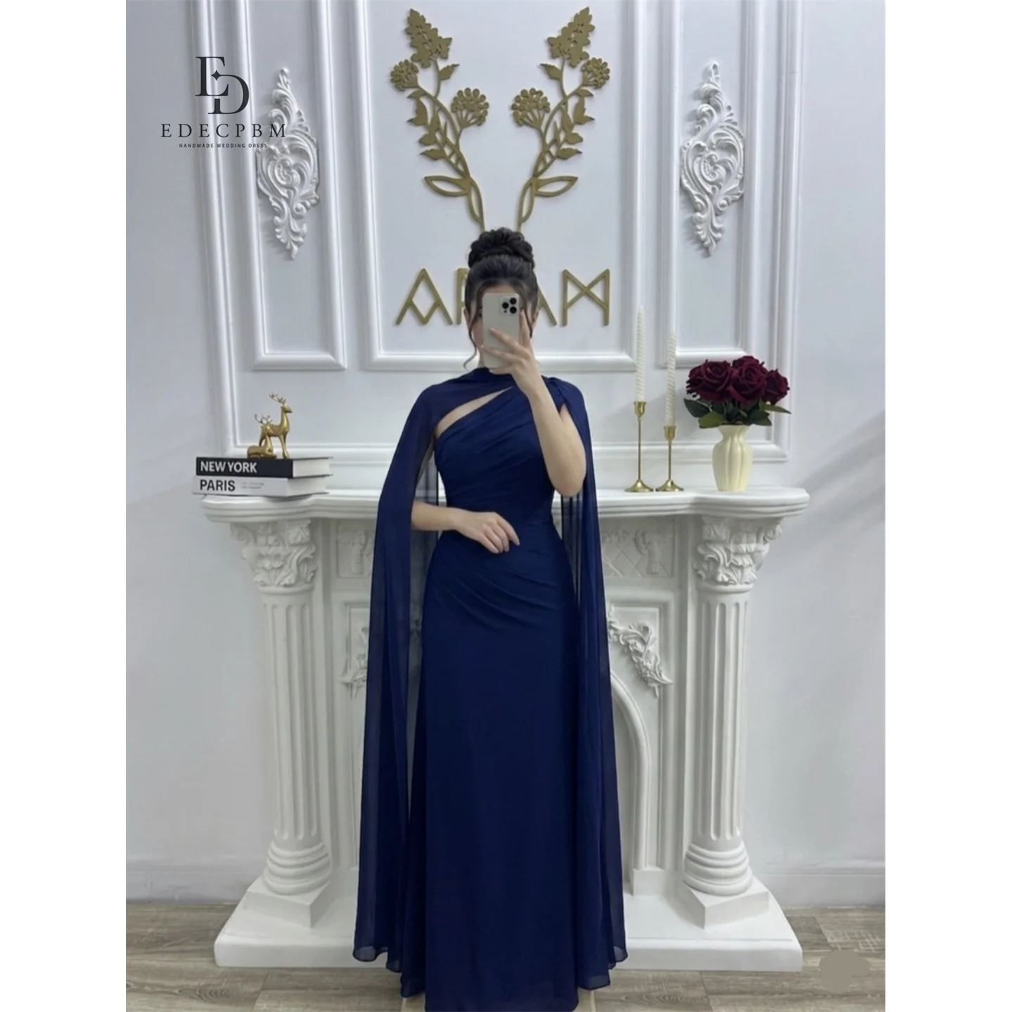 

EDECPBM Satin One-Shoulder Navy Mermaid Evening Dress 2026 Prom Dress Formal Evening Robes de Soirée Elegant Formal Gowns