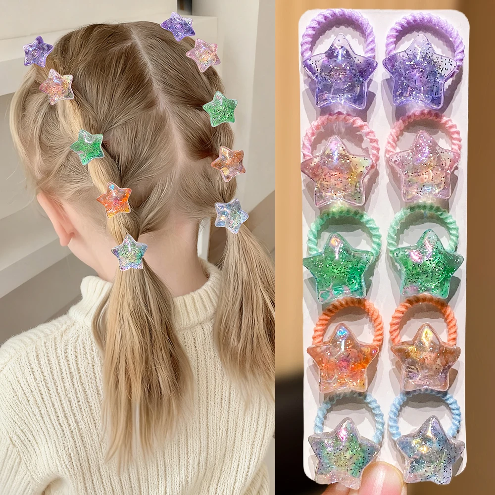10 قطع من ربطات الشعر الملونة بالترتر للفتيات، أربطة شعر متينة عالية المرونة مع زخارف على شكل نجمة فراشة على شكل قلب عصرية C