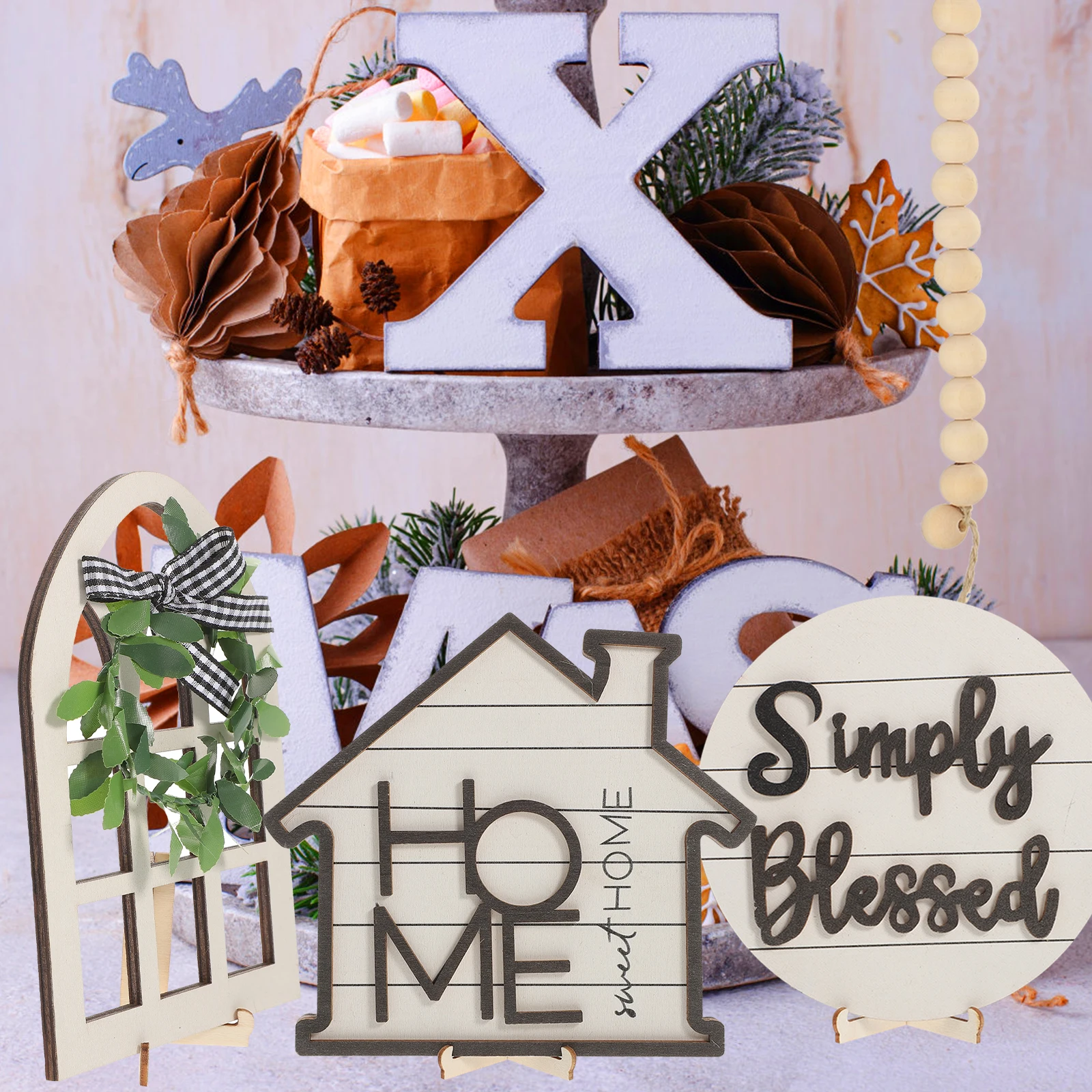 

1 Set Farmhouse Tiered Tray Decorations Vintage Wooden Table Organizer Natural Home Trays Decorative Bedroom Living Room Storage