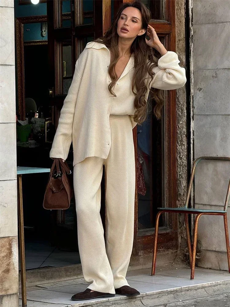 

Fmxires Autumn Casual Knit 2 Piece-Set Trousers Sets Women's Loose Ribbed Lapel Cardigan Sweater And Solid Women's Pants Outfits