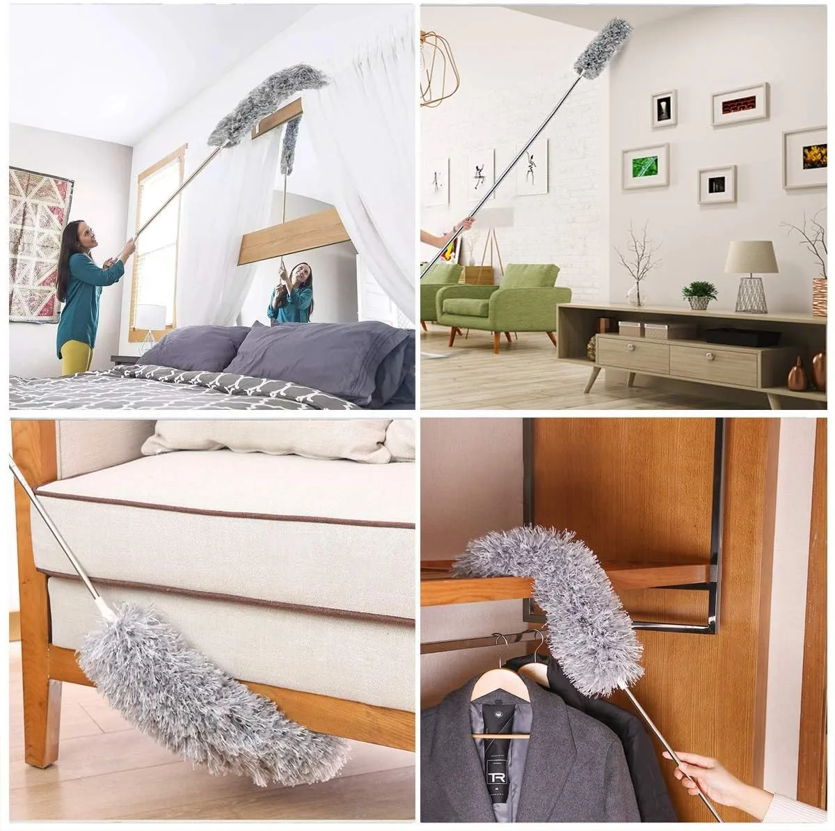 Multipurpose Household Extendable Duster with 100in Long Handle, Flexible Bendable Microfiber Feather Head, Ideal Dust Cleaner for High Ceiling, Fan, Window Blinds, Home Furniture & Car Interior Detailing