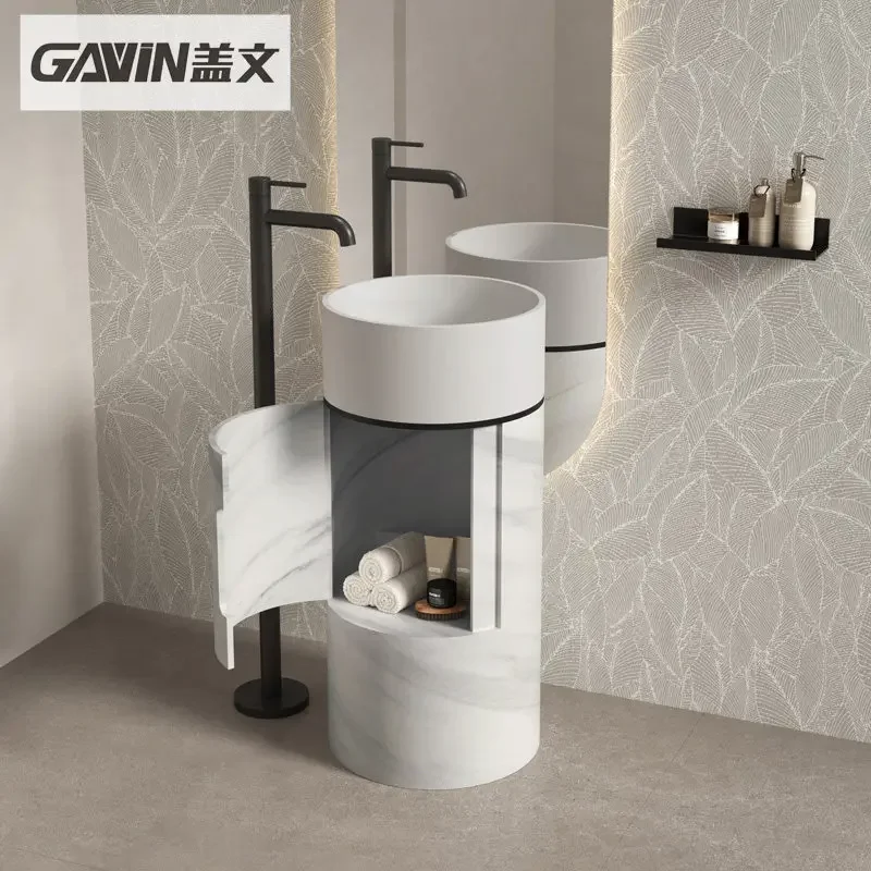 BJ Gavin One-Piece Floor-Standing Marble Pattern PMMA Washbasin Round Storage Pedestal Sink Artificial Stone Vanity