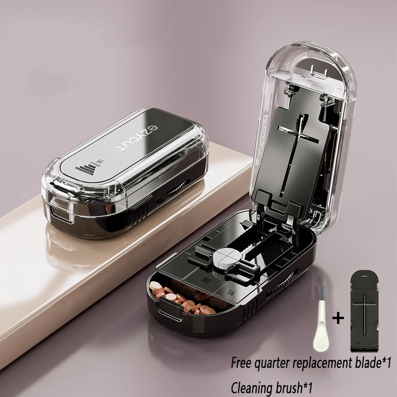 2in1 Pill Cutter Precise with Brush & Replacement Blade Medicine Tablet Splitter Storage Box Drug Dispenser Health Care Supplies