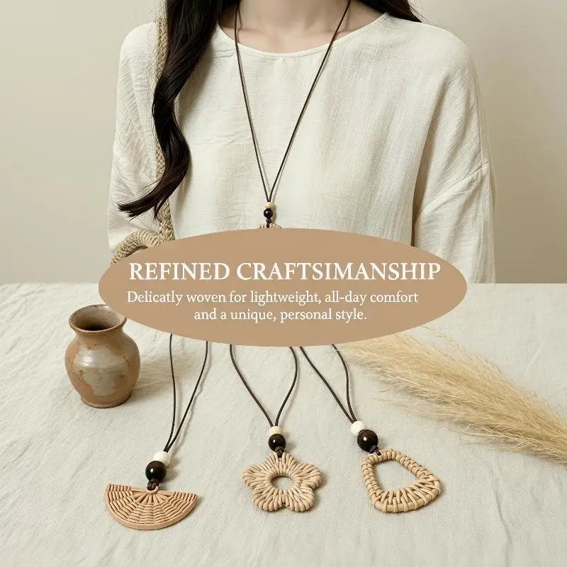 Retro Imitation Rattan Weaving Flower Fan Shaped Pendant Necklace Drawstring Clavicle Chain