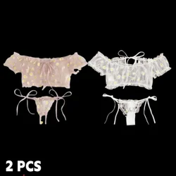 2PCS Sexy Women's Underwear Lace Floral Wire Free Lingerie Set Off-Shoulder Small Chest Bralette+Thong Beachwear Transparent