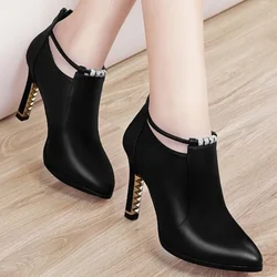 2024 Great Quality Boots Women High Heels Pointed Toe Women's Shoes Red Shoes Gold Decor Thin Heels Slip-on Ladies Modern Boots