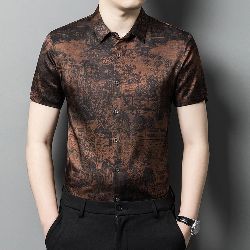 

Silk Extremely Luxurious Shirt Men Short Sleeved Vintage 3D Print Summer Fashion Quality Smooth Comfortable Casual Chemise Homme