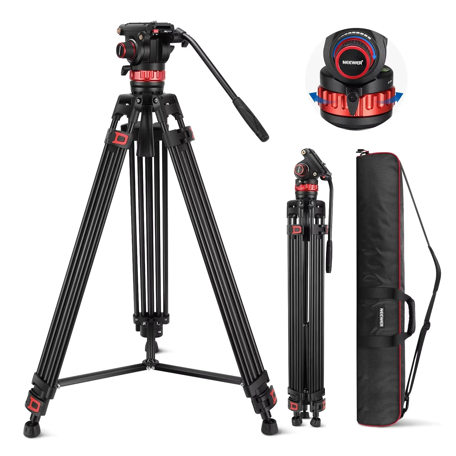 

74" Pro Video Tripod with Adjustable Damping Fluid Head Metal Heavy Duty Dual-Mode QR Plate Compatible with RS