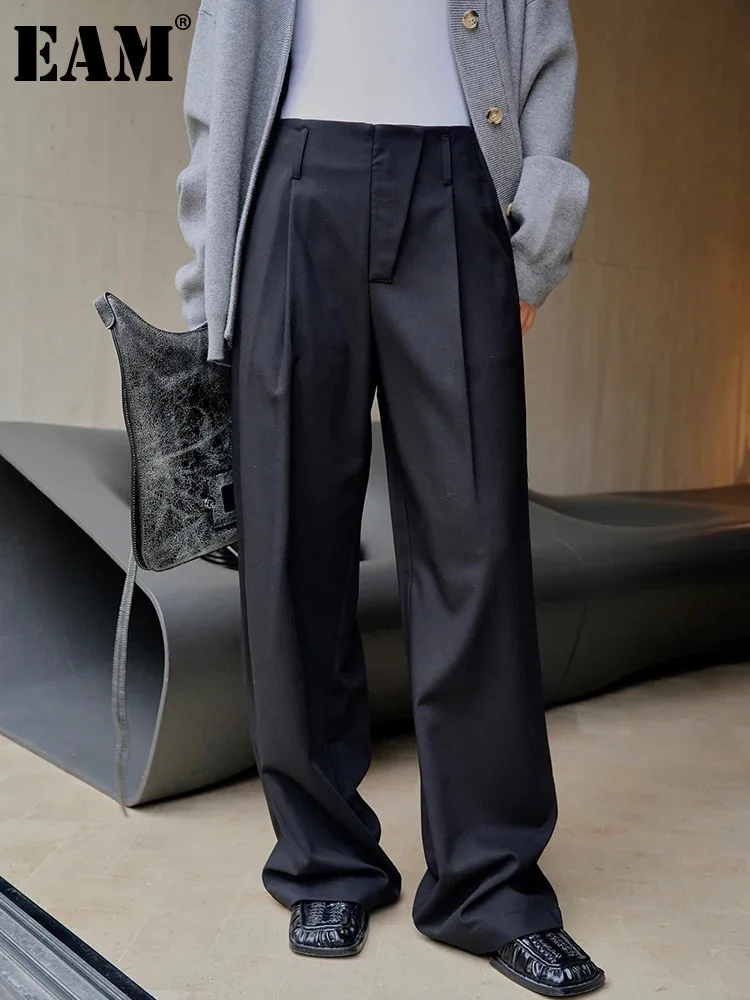

[EAM] Черные короткие длинные широкие брюки с высокой талией, элегантные брюки, новые свободные брюки, женская мода, весна-осень 2024, 1DH1033