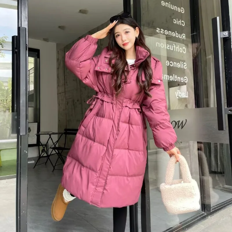 

2025 New Long Hooded Down Jacket for Women Waist-cinching and Slimming Knee-length Warm Loose Thick White Duck Down Coats Winter