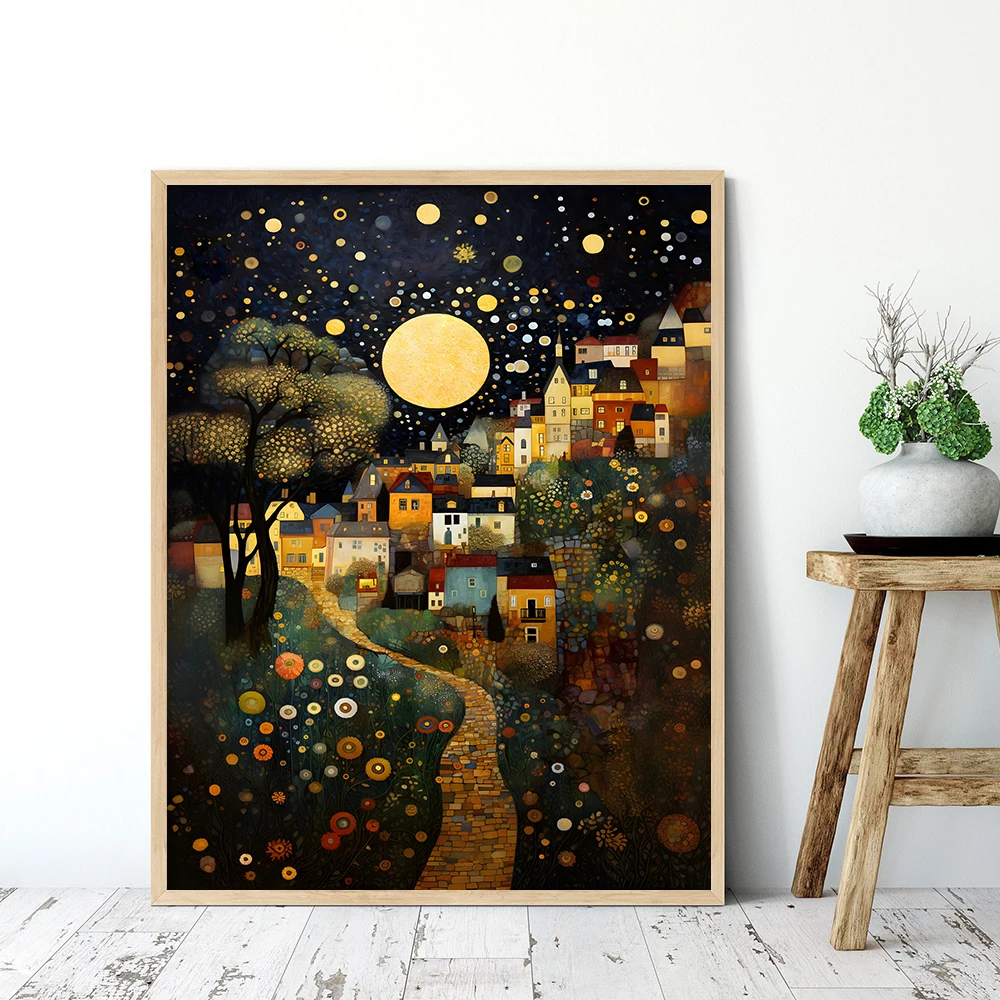 Gustav Klimt Moon Night Sky Inspired Landscape Canvas Oil Painting Abstract Vintage Trees Wall Art Poster Nordic Home Decoration