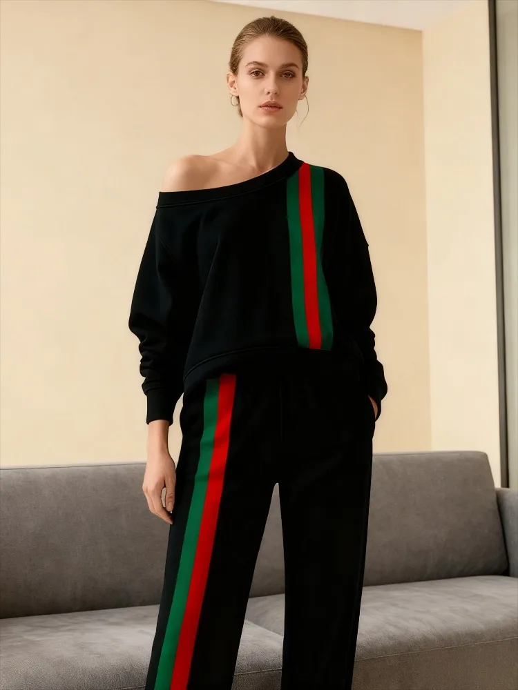 Onecozyday 2025 بلوفر خريفي أنيق بكتف بارد للنساء بألوان متباينة مخطط وأكمام طويلة قميص فضفاض مناسب #2