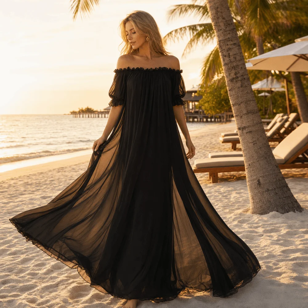 Sleepwear Off Shoulder Sheer Nightgown Ruffle Short Sleeve Ladies' Nightwear Transparent V-neck Mesh Nightdress Summer Wear