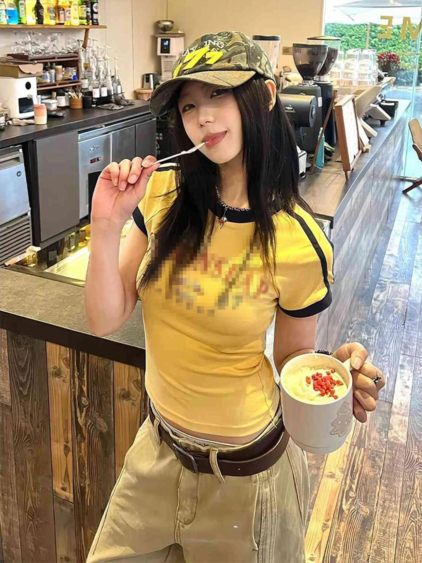 

American Color Block T-Shirt Women Summer Letter Print Yellow Short Sleeve Slimming Dopaamine Spicy Girl Top round Neck Casua...