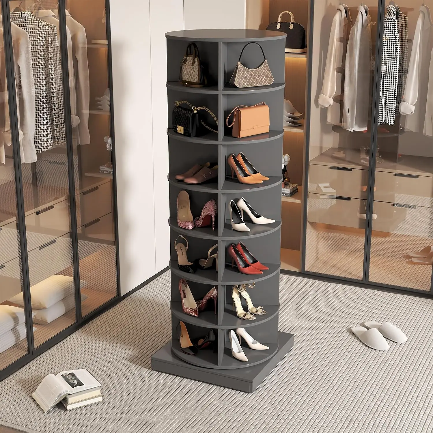 7-Tier Rotating Shoe Rack Tower, 360 Spinning Free Standing Organizer for Entryway, Holds 28 Pairs, Grey, Customized