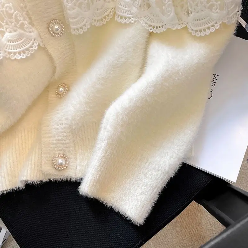Temperament Cardigan Jacket Women Clothes Patchwork Lace Sueter Mujer Fashion Sweet Beading V-neck Knitwear Sweater Pull Femme