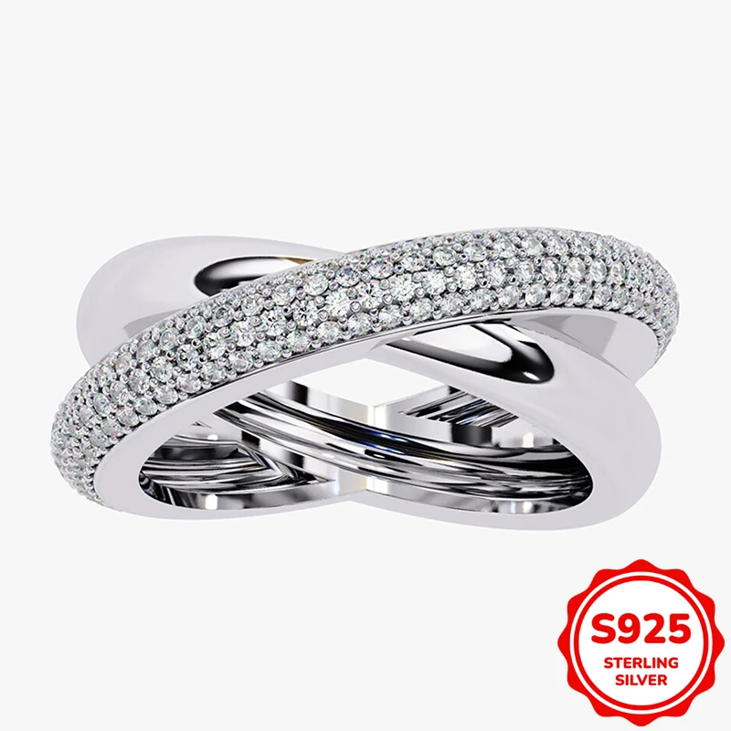Stylish Two Tone Gold Cross Diamond Couple Ring Women Sterling S925 Silver Geometric Engagement Gift Jewelry Wholesale