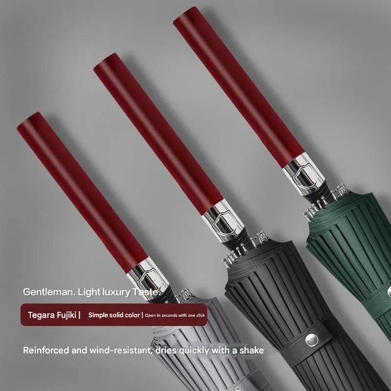 Automatic Wooden Long-handled Umbrella Engraving Large Size Business Retro Style Thickened Sturdy Storm-resistant Golf Umbrella