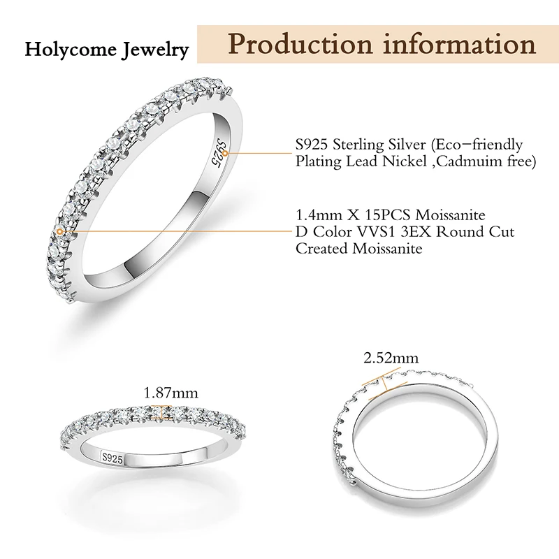 Holycome 925er Sterlingsilber-Moissanit-Ring, Weißgold, runde weibliche Krone, einzelner Schwanzring, Schmuck, Hochzeit, Diamant für Mädchen – Detail 4